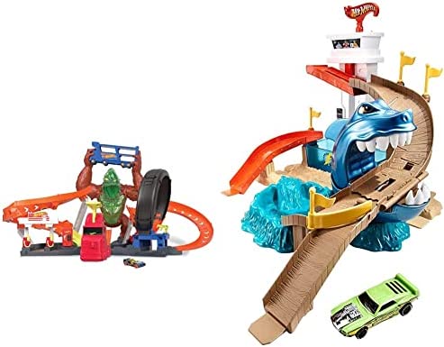 Cheap Toxic Gorilla Slam Gas Station & Tire Repair Shop Playset With Adjustable Launcher Lights & Sounds & 1 1:64 Scale Car Connects To Other Track Sets Gift For Kids 5 Years Old & Up - Creative Track-Building Edition