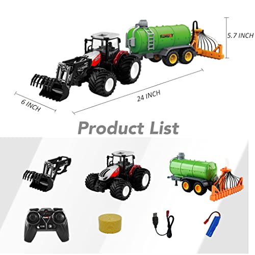 Remote Control Tractor Toy RC Truck With Trailer Farm Vehicle Toys Barrel Trailer With Spread Tubes Frontloader 1/24 Scale 2.4Ghz Farm Playset Toy For Kids Age 5 6 7 8 9 Up Years Old - Hands-On Tractor Play Collection