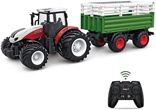 RC Tractor Remote Control Farm Truck With Trailer 1/24 Scale 2.4Ghz Electronic Tractor Farm Vehicle Toy With Light For Kids Age 5 6 7 8 9 And Up Years Old - Hands-On Tractor Play Collection