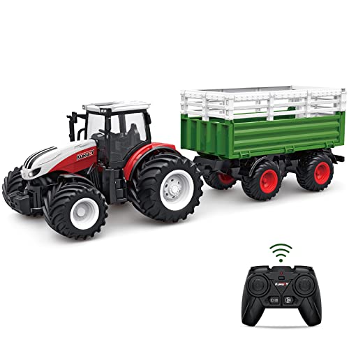 RC Tractor Remote Control Farm Truck With Trailer 1/24 Scale 2.4Ghz Electronic Tractor Farm Vehicle Toy With Light For Kids Age 5 6 7 8 9 And Up Years Old - Hands-On Tractor Play Collection