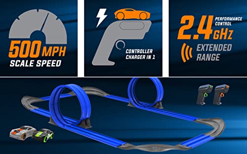 Mote Control Cordless Glow In The Dark High-Speed Super Loop Speedway Track Set With Two Cars For Dual Racing Glow Blue Blue Glow - Creative Track-Building Edition
