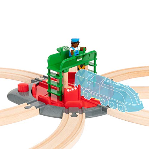 Promo World 33476 – Turntable & Figure – 2 Piece Wooden Toy Train Accessory For Kids Ages 3 And Up - Interactive Railway Play Set