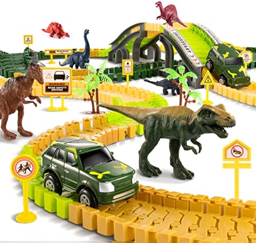 New Dinosaur Train Toys For Kids Longer Track 6 Realistic Jurassic Dino Figures 2 Electric Toy Car Twisted Flexible Train Track Set For Toddlers Boys & Girls 3 4 5 6 7 Years - Creative Track-Building Edition