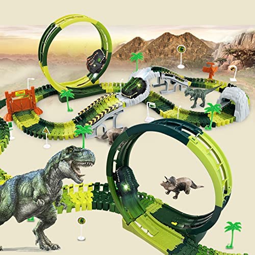 Inodoo Magic Tracks For Boys Girls Kids 144Pcs Flexible Glow In The Dark Race Track With LED Light-Up Dinosaur Race Car STEM Building Slot Car Toys well-suited Christmas Birthday Gifts For Aged 4-8 Dinosaur Race - Creative Track-Building Edition