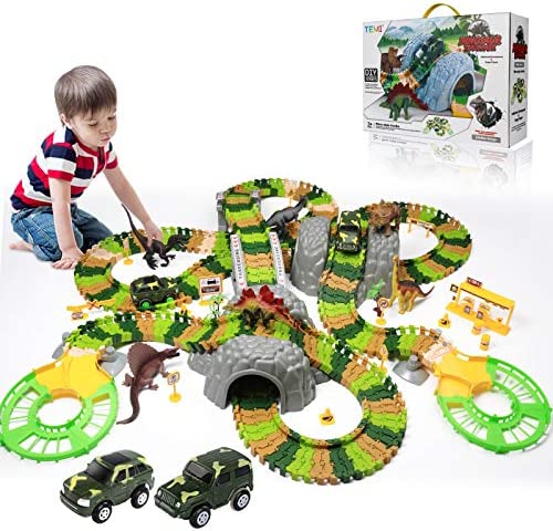 New Dinosaur Train Toys For Kids Longer Track 6 Realistic Jurassic Dino Figures 2 Electric Toy Car Twisted Flexible Train Track Set For Toddlers Boys & Girls 3 4 5 6 7 Years - Creative Track-Building Edition