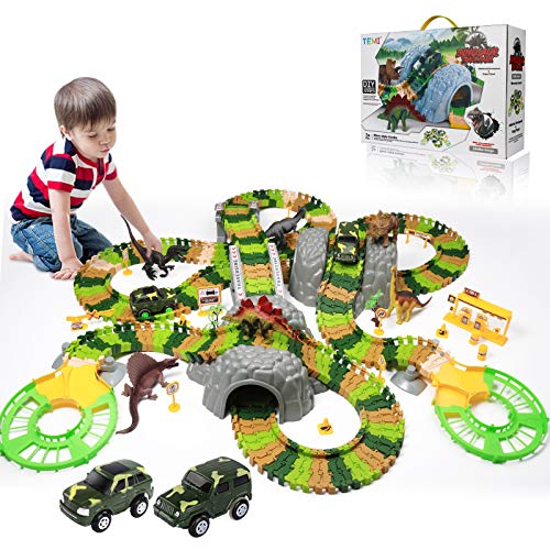 New Dinosaur Train Toys For Kids Longer Track 6 Realistic Jurassic Dino Figures 2 Electric Toy Car Twisted Flexible Train Track Set For Toddlers Boys & Girls 3 4 5 6 7 Years - Creative Track-Building Edition