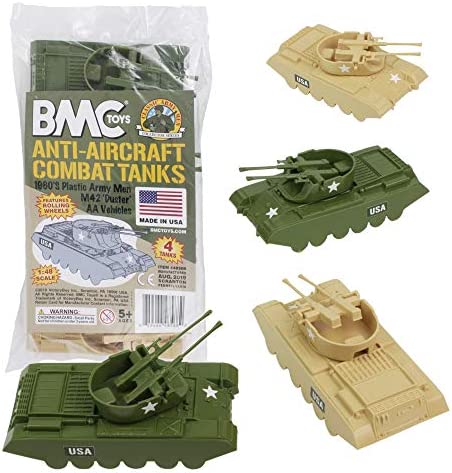 Promo Lassic Payton Anti-Aircraft Tanks – 4pc Tan Green Plastic Army Men Vehicle - Interactive Railway Play Set