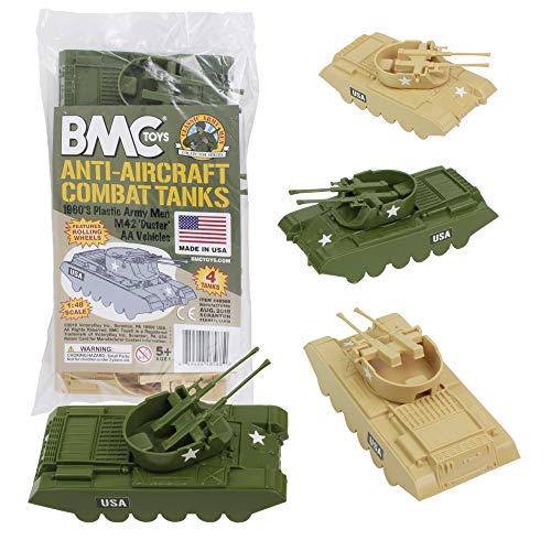 Promo Lassic Payton Anti-Aircraft Tanks – 4pc Tan Green Plastic Army Men Vehicle - Interactive Railway Play Set