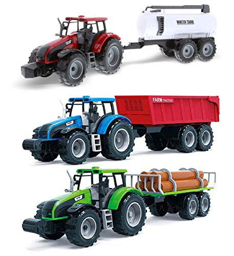 Friction Powered Farm Tractor Vehicles 16.5 Includes Farmer Tractor Water Tank And Log Trailer Push & Go No Batteries Needed (3pc Set) - Hands-On Tractor Play Collection