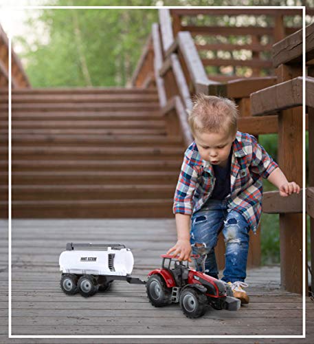 Friction Powered Farm Tractor Vehicles 16.5 Includes Farmer Tractor Water Tank And Log Trailer Push & Go No Batteries Needed (3pc Set) - Hands-On Tractor Play Collection