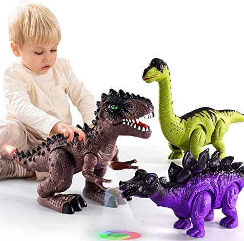 New 3 Pack Electric Walking Dinosaur Toys For Toddlers 2-4 3-5 Years With Roar Sounds And Lights Up Realistic Robot T-Rex Brachiosaurus Stegosaurus Dinosaur Figures For Kids - Creative Track-Building Edition