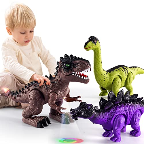 New 3 Pack Electric Walking Dinosaur Toys For Toddlers 2-4 3-5 Years With Roar Sounds And Lights Up Realistic Robot T-Rex Brachiosaurus Stegosaurus Dinosaur Figures For Kids - Creative Track-Building Edition
