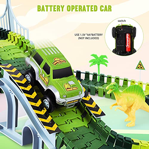 Deals Dinosaur Toys-187 Pcs Create A Dinosaur World Road Race Flexible Track Playset 4 Dinosaurs-2 Race Cars For 3 4 5 6 Years Up Old Boys Girls well-suited Gift - Creative Track-Building Edition