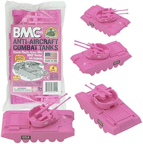 Promo Lassic Payton Anti-Aircraft Tanks – 4pc Tan Green Plastic Army Men Vehicle - Interactive Railway Play Set