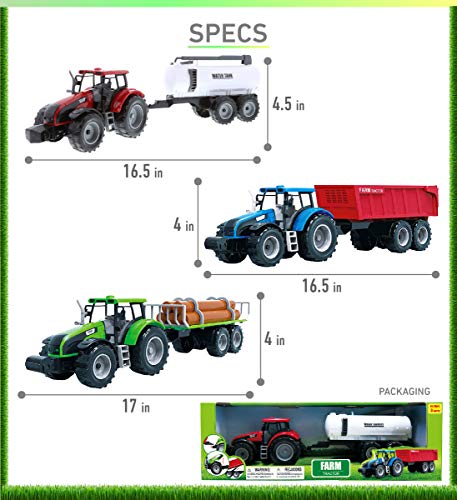 Friction Powered Farm Tractor Vehicles 16.5 Includes Farmer Tractor Water Tank And Log Trailer Push & Go No Batteries Needed (3pc Set) - Hands-On Tractor Play Collection