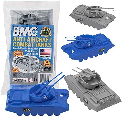 Promo Lassic Payton Anti-Aircraft Tanks – 4pc Tan Green Plastic Army Men Vehicle - Interactive Railway Play Set