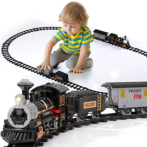 Electric Christmas Train Set For Kids Battery-Powered Train Toys With Sounds Include 4 Cars And 10 Tracks Classic Toy Train Set For 3 4 5 6 Years Old Boys Girls - Interactive Railway Play Set