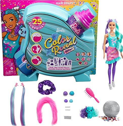 New Color Reveal Doll Glittery Purple With 25 Hairstyling & Party-Themed Surprises Including 10 Plug-in Hair Pieces Gift For Kids 3 Years Old & Up - Interactive Railway Play Set