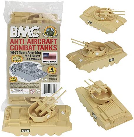 Promo Lassic Payton Anti-Aircraft Tanks – 4pc Tan Green Plastic Army Men Vehicle - Interactive Railway Play Set