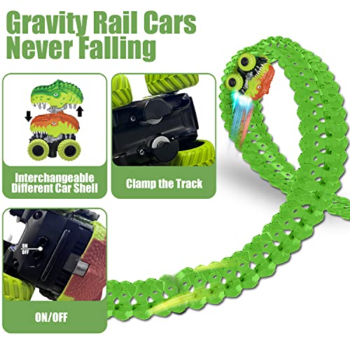 Inodoo Magic Tracks For Boys Girls Kids 144Pcs Flexible Glow In The Dark Race Track With LED Light-Up Dinosaur Race Car STEM Building Slot Car Toys well-suited Christmas Birthday Gifts For Aged 4-8 Dinosaur Race - Creative Track-Building Edition