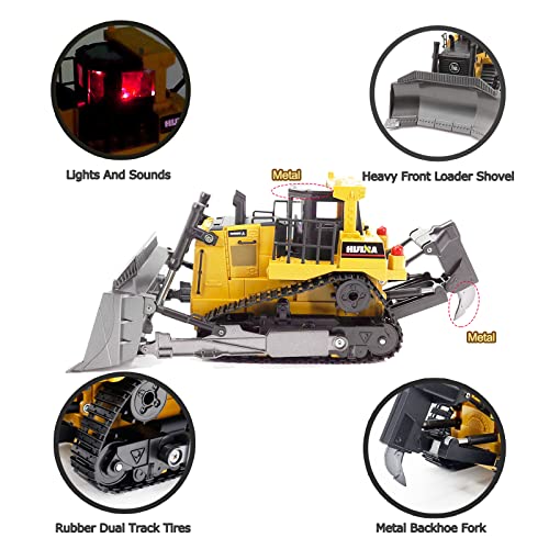 Bnam Remote Control Bulldozer RC 1/16 Full Functional Construction Vehicle 2.4Ghz 9 Channel Dozer Front Loader Toy With Light And Sound For Kids Age 6 7 8 9 10 And Up Years Old - Hands-On Tractor Play Collection