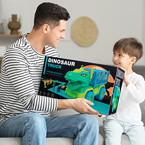 Budget Dinosaur Truck Toys For Kids 3-5 Years Tyrannosaurus Transport Car Carrier Truck With 8 Dino Figures Activity Play Mat Dinosaur Eggs Capture Jurassic Dinosaur Play Set For Boys And Girls - Creative Track-Building Edition