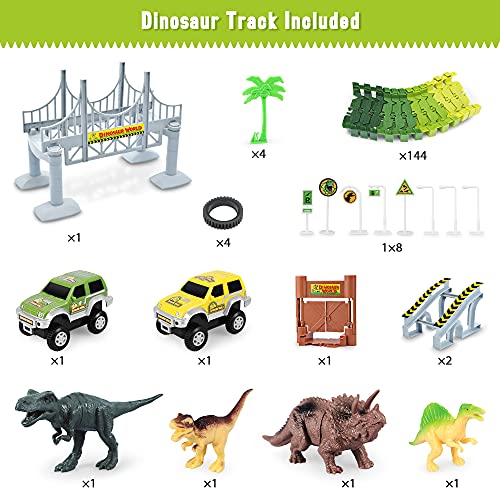 Deals Dinosaur Toys-187 Pcs Create A Dinosaur World Road Race Flexible Track Playset 4 Dinosaurs-2 Race Cars For 3 4 5 6 Years Up Old Boys Girls well-suited Gift - Creative Track-Building Edition