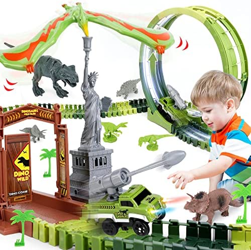 174 PCS Dinosaur Toys Race Track Flexible Train Tracks With 8 Dinosaurs Figures 2 Electric Race Cars Vehicle Playset With Lights To Create A Dinosaur World Road Race For Toddlers Kids Boys Girls - Creative Track-Building Edition