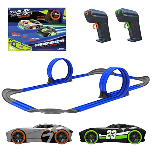 Mote Control Cordless Glow In The Dark High-Speed Super Loop Speedway Track Set With Two Cars For Dual Racing Glow Blue Blue Glow - Creative Track-Building Edition