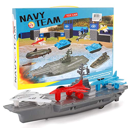 Aircraft Carrier Pullback Mini Military Toy Playset With Fighter Jets Stealth Bomber Tank Warship Submarine (8 Pieces) - Naval-Themed Activity Set