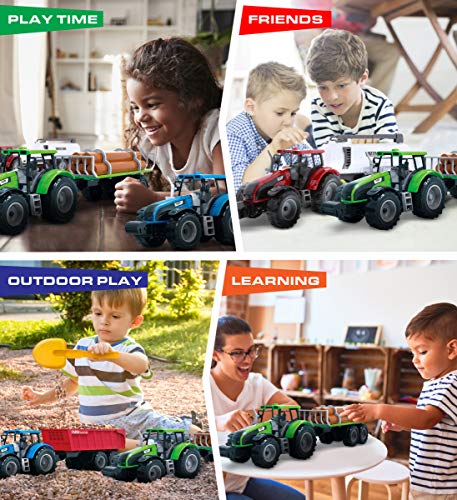 Friction Powered Farm Tractor Vehicles 16.5 Includes Farmer Tractor Water Tank And Log Trailer Push & Go No Batteries Needed (3pc Set) - Hands-On Tractor Play Collection