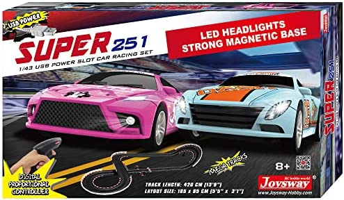 Super 251 USB Power Slot Car Racing Set LED Headlights Strong Magnetic Base Mechanical Lap Counter & Powerbase Integrated As Combo Track For Ages 8 And Up - Creative Track-Building Edition