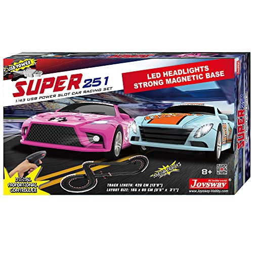 Super 251 USB Power Slot Car Racing Set LED Headlights Strong Magnetic Base Mechanical Lap Counter & Powerbase Integrated As Combo Track For Ages 8 And Up - Creative Track-Building Edition