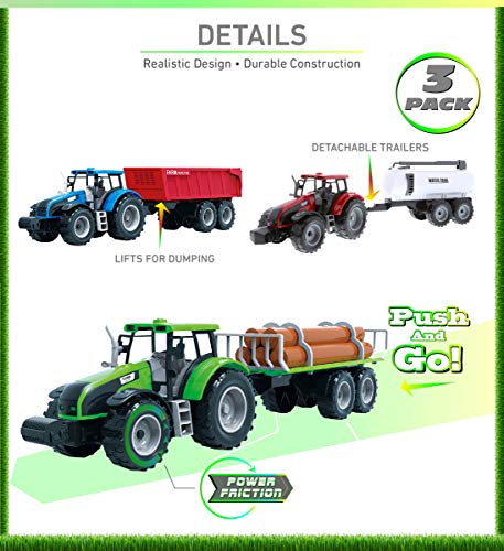Friction Powered Farm Tractor Vehicles 16.5 Includes Farmer Tractor Water Tank And Log Trailer Push & Go No Batteries Needed (3pc Set) - Hands-On Tractor Play Collection