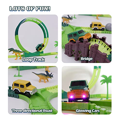 Dinosaur Toys For Kids 3-5 245 Pcs Dino Race Car Track Create A Dinosaur World Road Race With Flexible Train Track Playset 2 Electric Dinosaur Race Cars Toy,well-suited Gift For 3 4 5 Years Old Boys Girls Pink - Creative Track-Building Edition