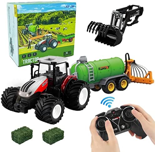 Remote Control Tractor Toy RC Truck With Trailer Farm Vehicle Toys Barrel Trailer With Spread Tubes Frontloader 1/24 Scale 2.4Ghz Farm Playset Toy For Kids Age 5 6 7 8 9 Up Years Old - Hands-On Tractor Play Collection
