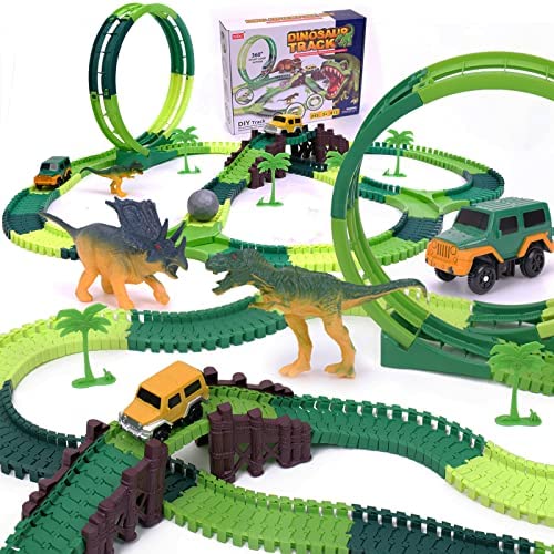 Dinosaur Toys For Kids 3-5 245 Pcs Dino Race Car Track Create A Dinosaur World Road Race With Flexible Train Track Playset 2 Electric Dinosaur Race Cars Toy,well-suited Gift For 3 4 5 Years Old Boys Girls Pink - Creative Track-Building Edition