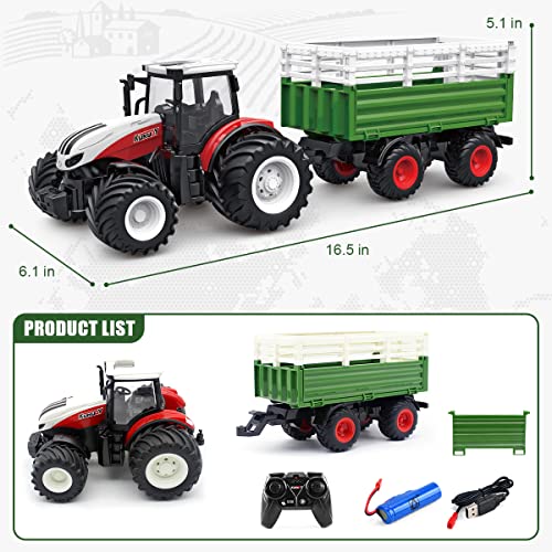 RC Tractor Remote Control Farm Truck With Trailer 1/24 Scale 2.4Ghz Electronic Tractor Farm Vehicle Toy With Light For Kids Age 5 6 7 8 9 And Up Years Old - Hands-On Tractor Play Collection