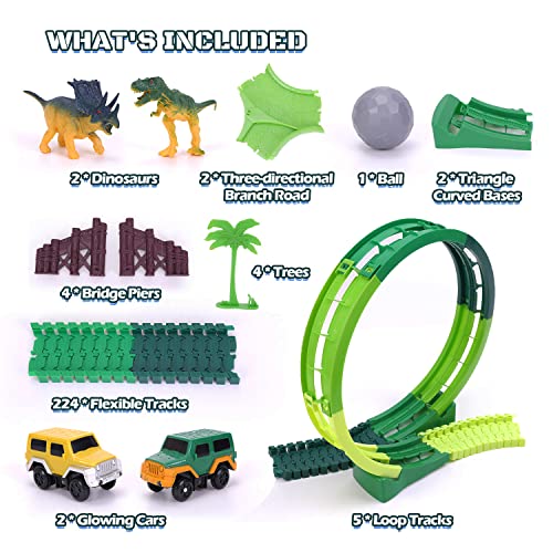 Dinosaur Toys For Kids 3-5 245 Pcs Dino Race Car Track Create A Dinosaur World Road Race With Flexible Train Track Playset 2 Electric Dinosaur Race Cars Toy,well-suited Gift For 3 4 5 Years Old Boys Girls Pink - Creative Track-Building Edition
