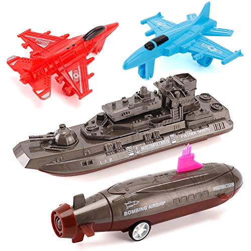 Aircraft Carrier Pullback Mini Military Toy Playset With Fighter Jets Stealth Bomber Tank Warship Submarine (8 Pieces) - Naval-Themed Activity Set