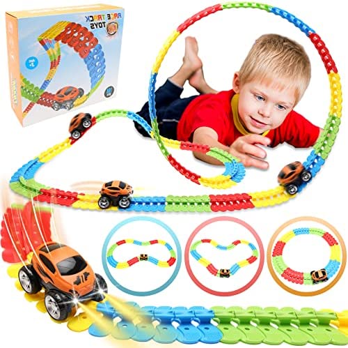 Toys For 3 Year Old Boys,Kids Toys For Boys Girls Age 3-5,184 PCS Toddler Toys Race Car Track Set With Flexible Track Create A Road Race,DIY Magic Car Toys For 3 4 5 Year Old Christmas Birthday Gifts Red Green Yellow - Creative Track-Building Edition