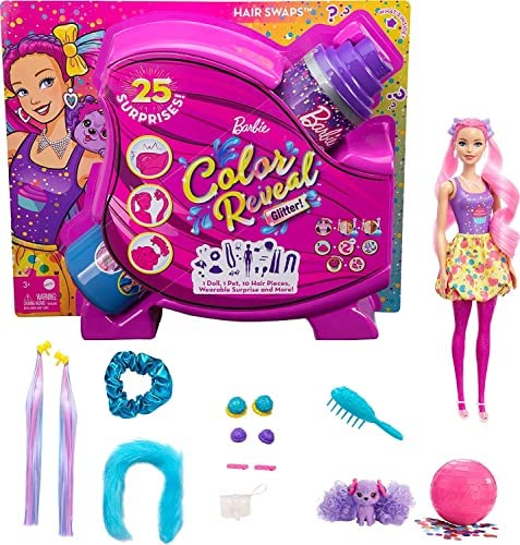 New Color Reveal Doll Glittery Purple With 25 Hairstyling & Party-Themed Surprises Including 10 Plug-in Hair Pieces Gift For Kids 3 Years Old & Up - Interactive Railway Play Set