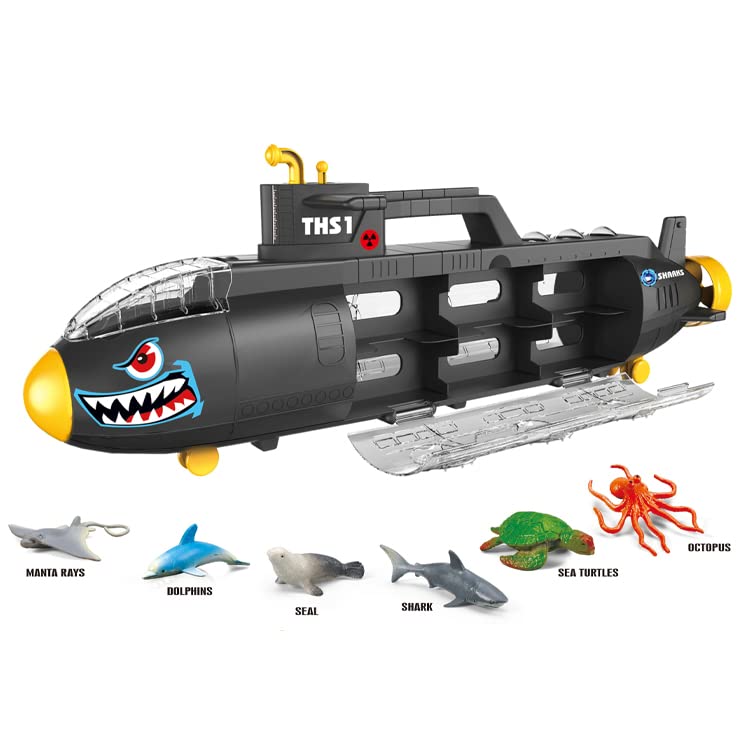 Submarine Toy Shark Car Vehicle Toy W/ 6 Sea Animals And Storage Toys For 3 4 5 6 7 Year Old Ki - Naval-Themed Activity Set