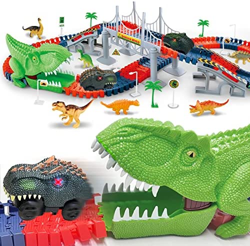 Inodoo Magic Tracks For Boys Girls Kids 144Pcs Flexible Glow In The Dark Race Track With LED Light-Up Dinosaur Race Car STEM Building Slot Car Toys well-suited Christmas Birthday Gifts For Aged 4-8 Dinosaur Race - Creative Track-Building Edition