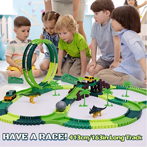Dinosaur Toys For Kids 3-5 245 Pcs Dino Race Car Track Create A Dinosaur World Road Race With Flexible Train Track Playset 2 Electric Dinosaur Race Cars Toy,well-suited Gift For 3 4 5 Years Old Boys Girls Pink - Creative Track-Building Edition