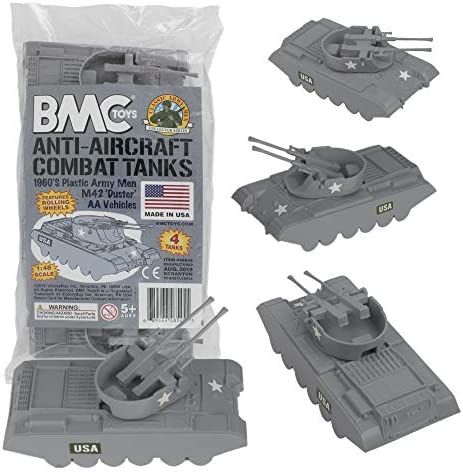 Promo Lassic Payton Anti-Aircraft Tanks – 4pc Tan Green Plastic Army Men Vehicle - Interactive Railway Play Set