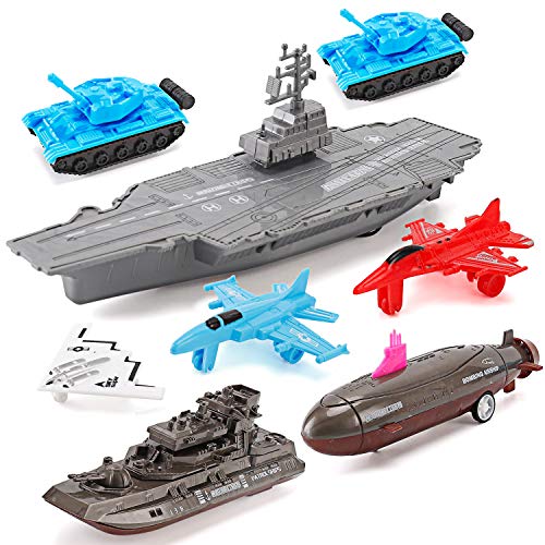 Aircraft Carrier Pullback Mini Military Toy Playset With Fighter Jets Stealth Bomber Tank Warship Submarine (8 Pieces) - Naval-Themed Activity Set