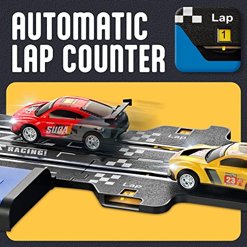 Slot Car Race Track Sets – Battery Or Electric Race Car Track With 4 Cars Dual Electric Race Track W/ 2 Remotes Lap Counter & Lights For Girls & Boys Age 8-12 - Creative Track-Building Edition