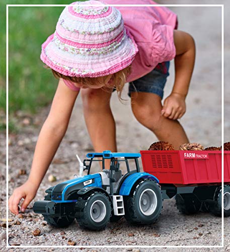 Friction Powered Farm Tractor Vehicles 16.5 Includes Farmer Tractor Water Tank And Log Trailer Push & Go No Batteries Needed (3pc Set) - Hands-On Tractor Play Collection