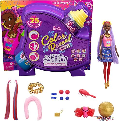 New Color Reveal Doll Glittery Purple With 25 Hairstyling & Party-Themed Surprises Including 10 Plug-in Hair Pieces Gift For Kids 3 Years Old & Up - Interactive Railway Play Set